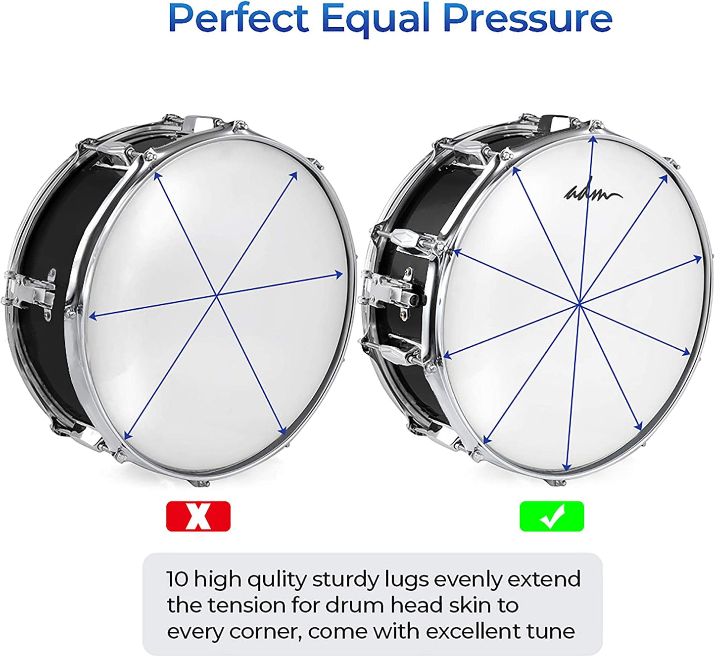 ADM 14"X 5.5", 0-String Kids Snare Beginner Kit with Stand, Mute Pad, Strap, Sticks, Drum Keys, Black
