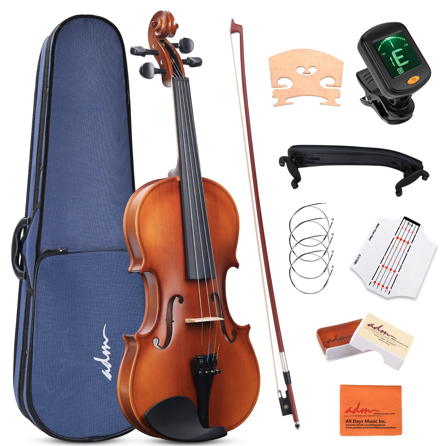 ADM Wood Violin Set for Kids Teens Students Adults Beginner Acoustic Violin Matte Fiddle Starter Kit with Hard Case, Rosin, Shoulder Rest, Bow, Clip-on Tuner and Fingerboard Sticker