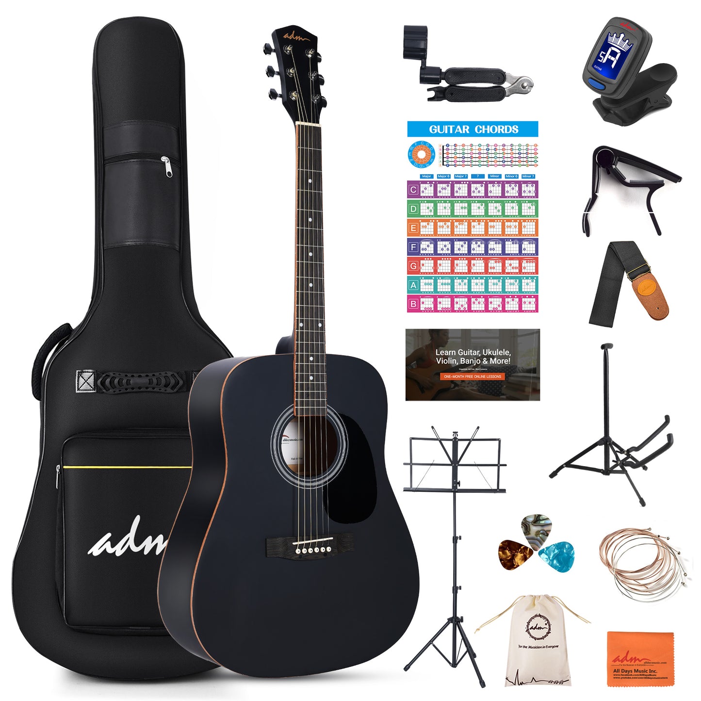 ADM Dreadnought Acoustic Guitar Kit with Free Lesson for Beginner Adult Teen Full Size Acustica Guitarra Starter Bundle Set w/Bag Strap Tuner Capo Pickguard Music Stand Right Hand(Black 1, 41 Inch)