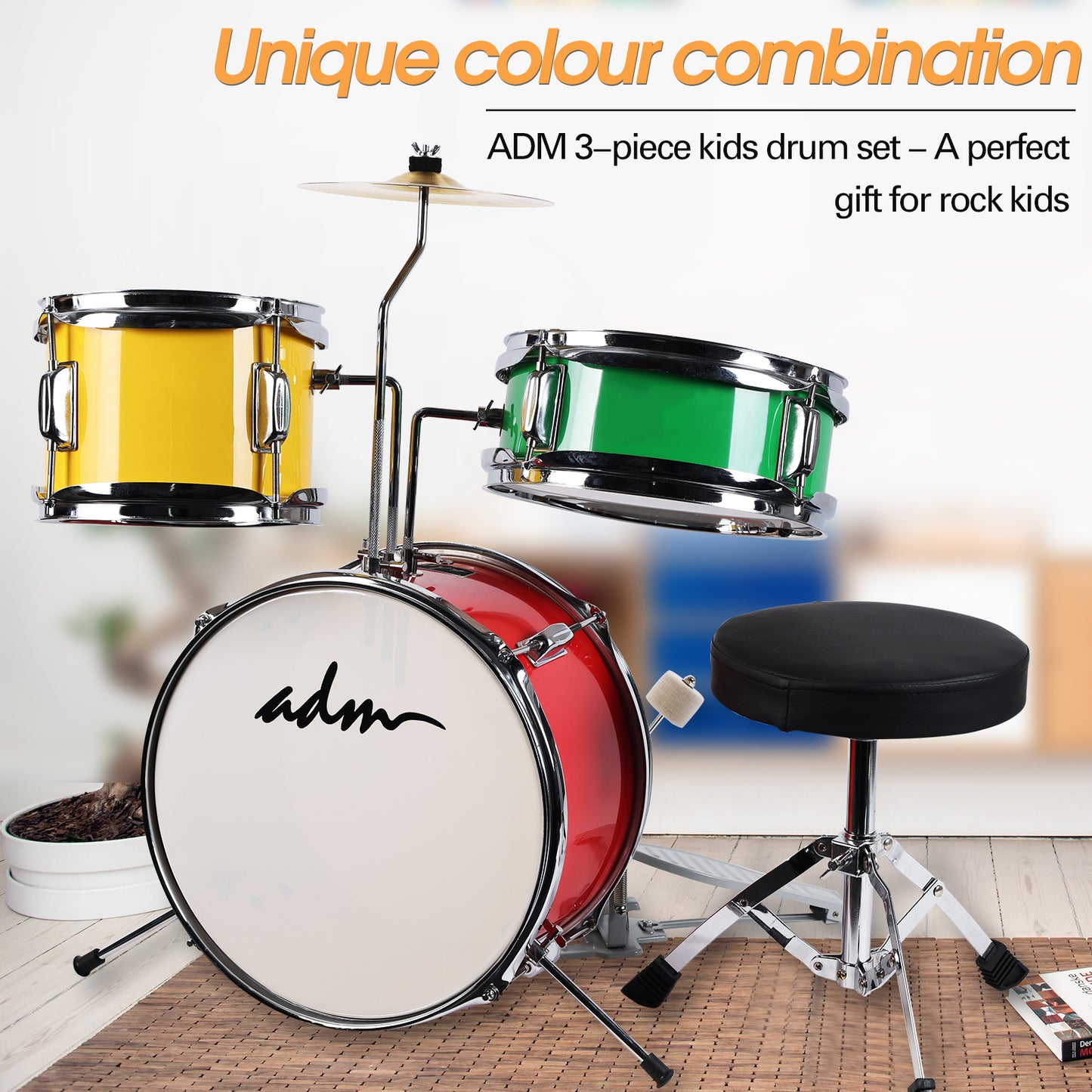 ADM 3-Piece Junior Drum Set for Kids Beginners, Kids Drum Kit with Full set of silent mats, Adjustable Throne, Cymbal, Pedal & Drumsticks - Red, Blue, Black