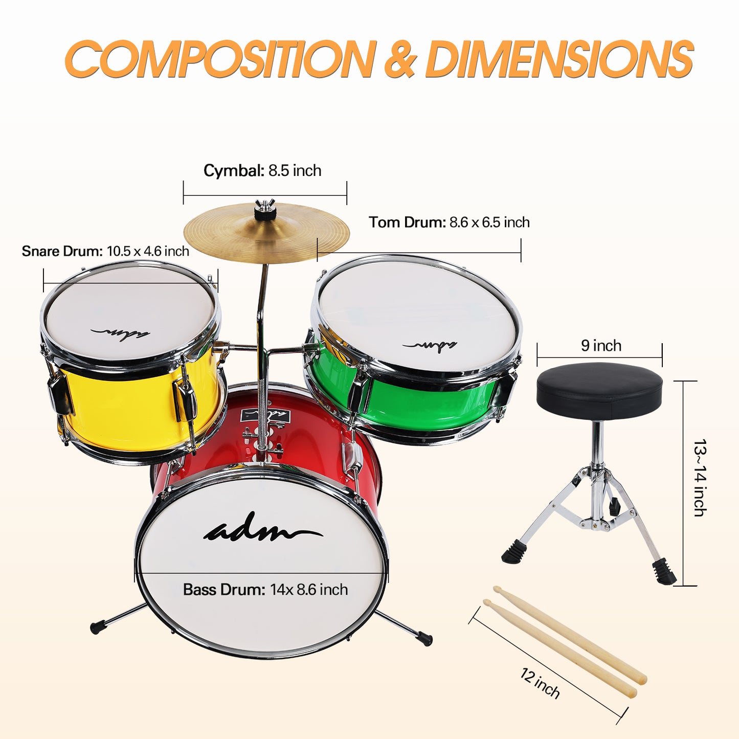 ADM 3-Piece Junior Drum Set for Kids Beginners, Kids Drum Kit with Full set of silent mats, Adjustable Throne, Cymbal, Pedal & Drumsticks - Red, Blue, Black