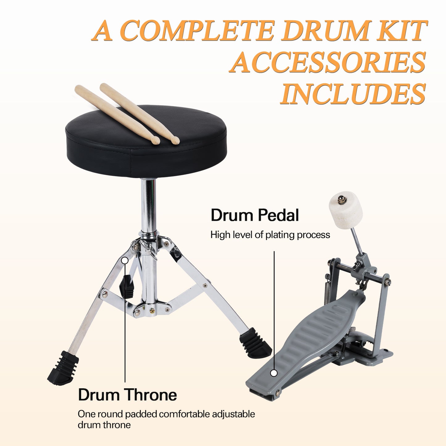 ADM 3-Piece Junior Drum Set for Kids Beginners, Kids Drum Kit with Full set of silent mats, Adjustable Throne, Cymbal, Pedal & Drumsticks - Red, Blue, Black