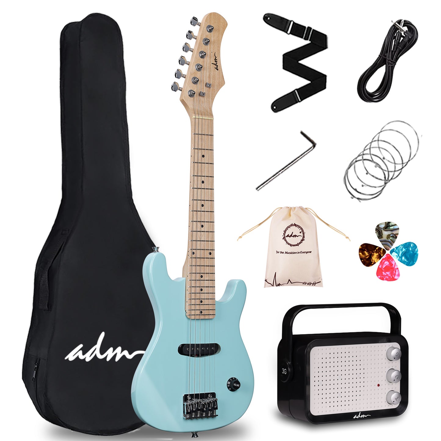 ADM 30-Inch Mini Electric Guitar Package, - Solid Wood, Glossy Finish, Complete With Gig Bag, Picks, Cable, Strap, Extra Strings And Stand