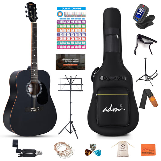 ADM Dreadnought Acoustic Guitar Kit with Free Lesson for Beginner Adult Teen Full Size Acustica Guitarra Starter Bundle Set w/Bag Strap Tuner Capo Pickguard Music Stand Right Hand(Black 1, 41 Inch)