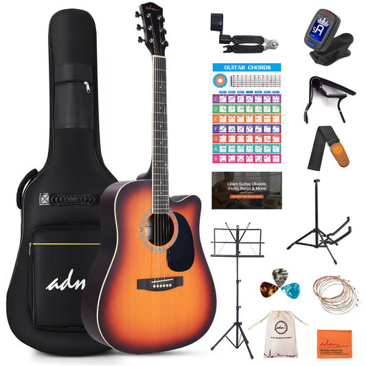 ADM Cutaway Acoustic Guitar Kit with Free Lesson for Beginner Adult Teen Full Size Acustica Guitarra Starter Bundle Set w/Bag Strap Tuner Capo Music Stand Right Hand(Sunburst-Cutaway, 41 Inch)