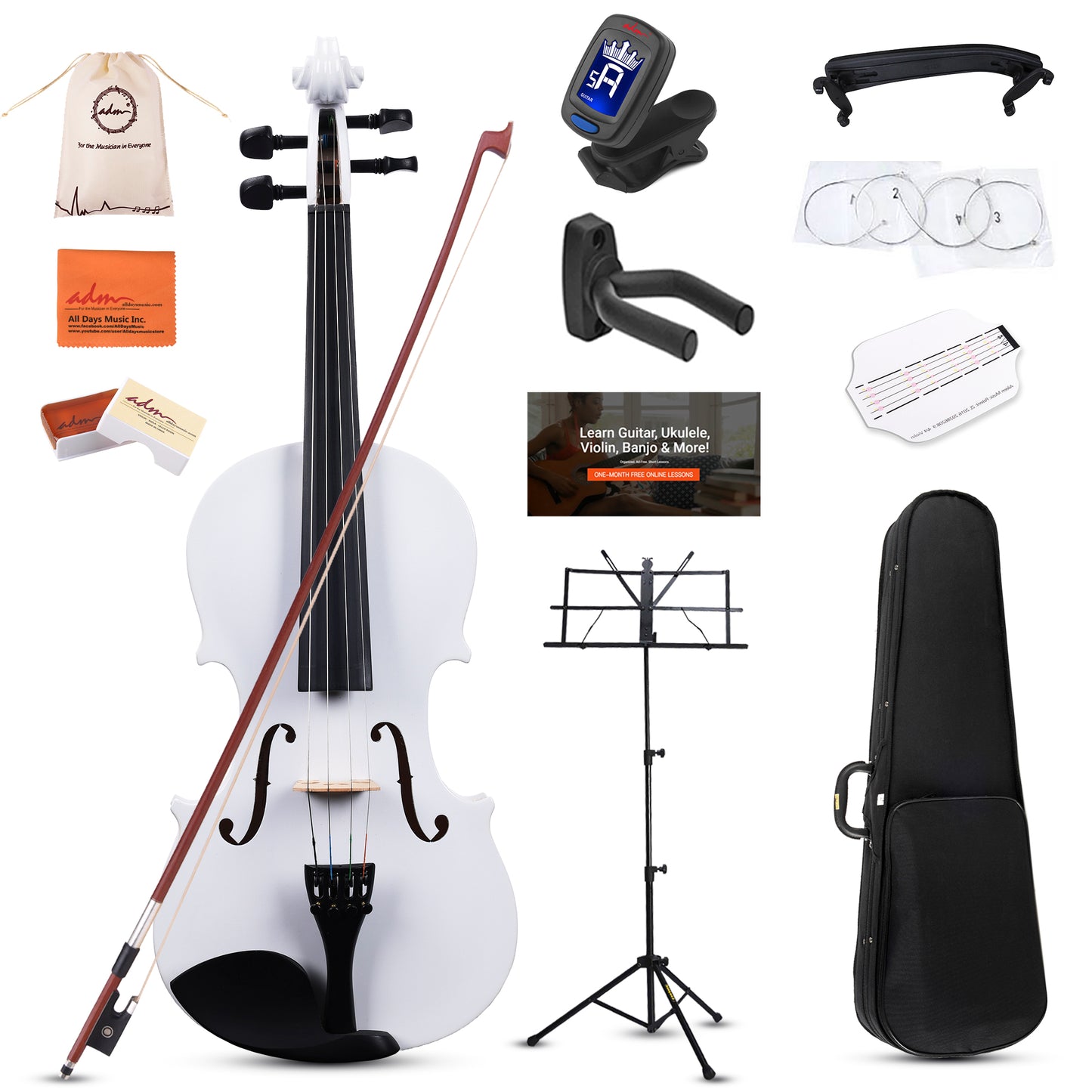 ADM Acoustic Violin for Kids Beginners, Acoustic Violin Fiddle for Teens Students Beginners Violin Starter Kit with Hard Case, Rosin, Shoulder Rest, Bow, Violin Music Stand Strings (White, 3/4 Size)