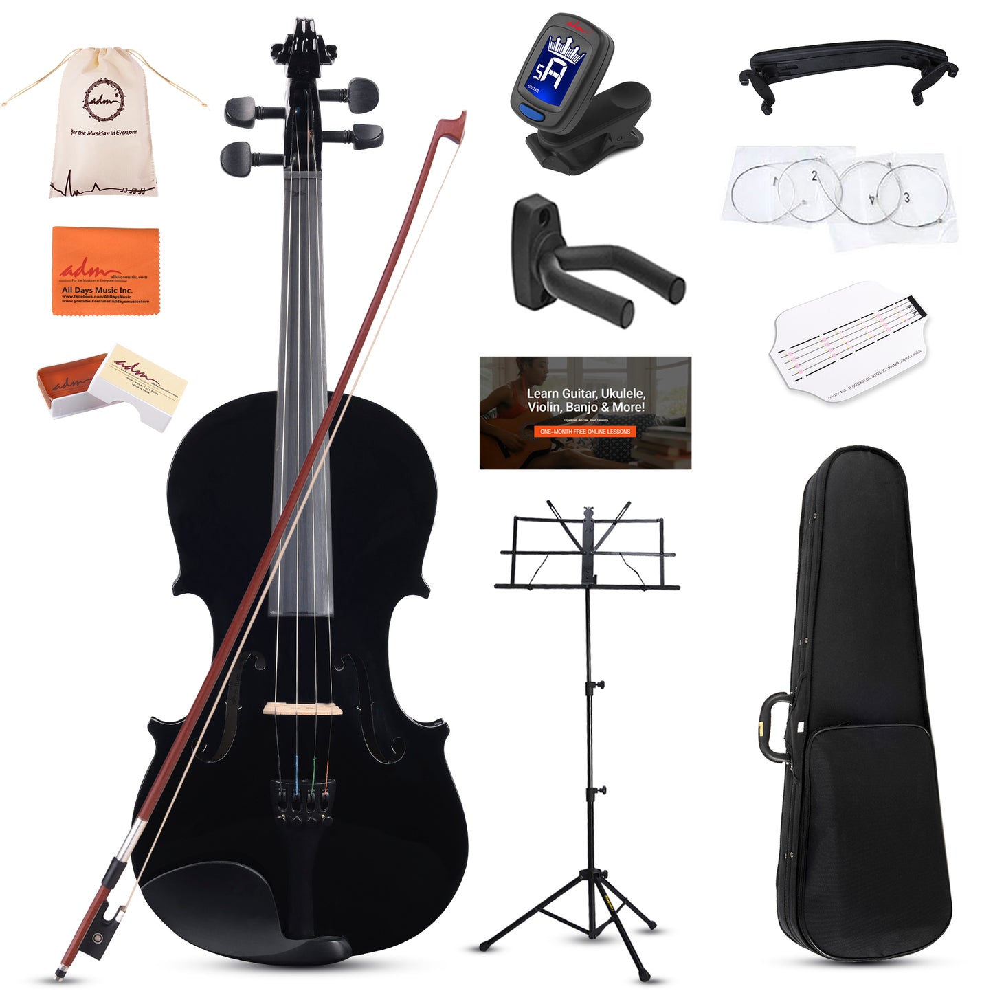 ADM Acoustic Violin for Kids Beginners,1/4 Size Acoustic Violin Fiddle for Teens Students Violin Starter Kit with Hard Case, Rosin, Shoulder Rest, Bow, Violin Music Stand and Strings,Black