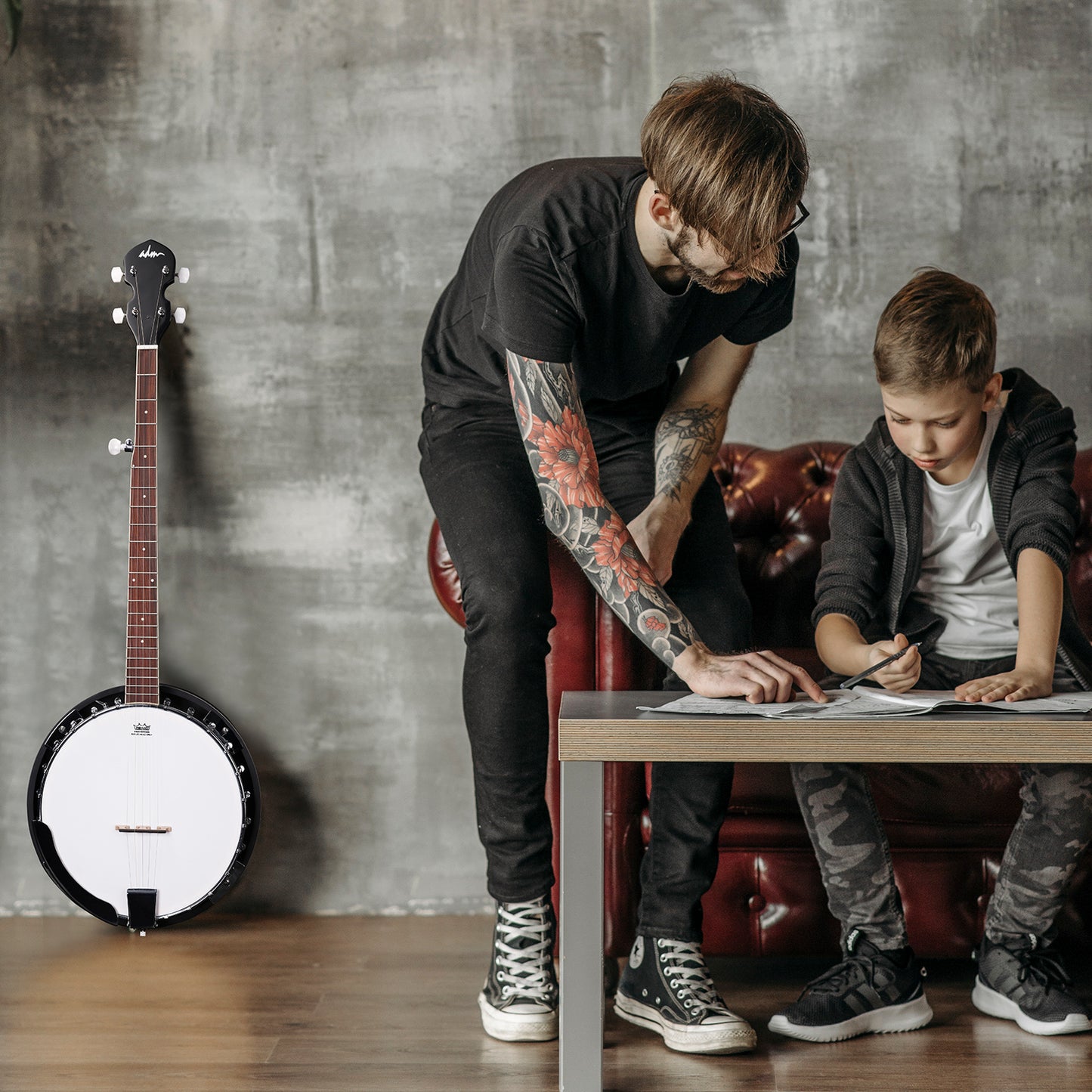 ADM 5 String Full Size Banjo Guitar Kit with Remo Drum Head and Geared 5th Tuner, 24 Bracket Beginner Banjoe Set Gift Package,Glossy Brown