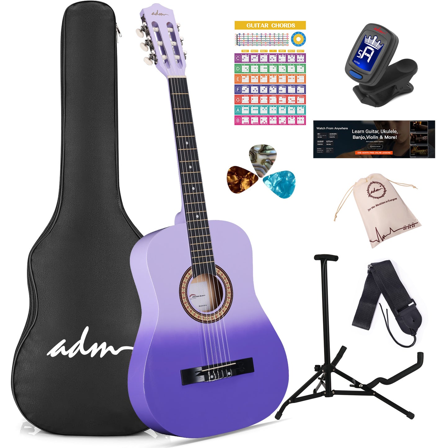 ADM Acoustic Guitar for Adults & Kids, 38" Travel Guitar Kit
