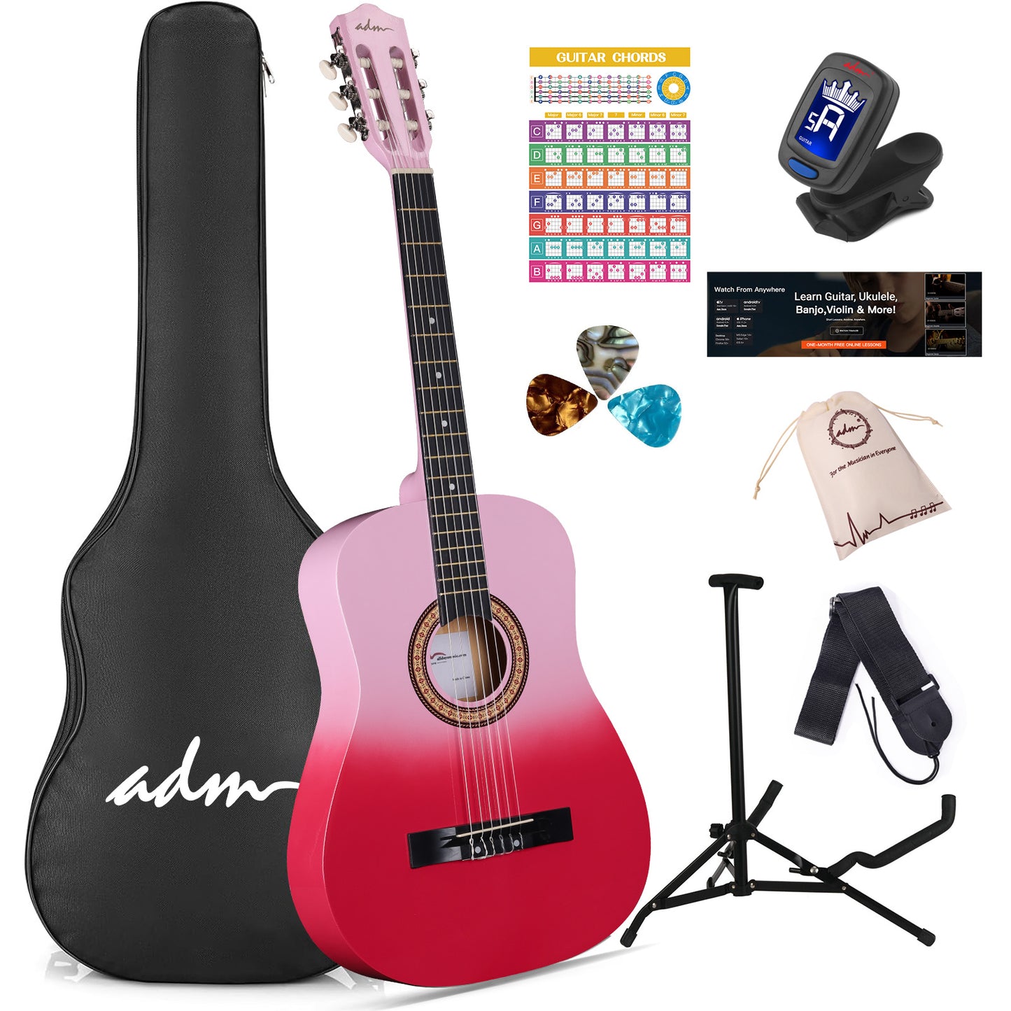 ADM Acoustic Guitar for Adults & Kids, 38" Travel Guitar Kit