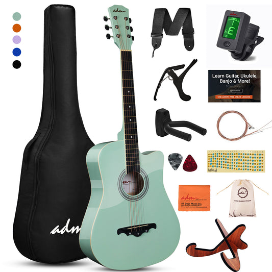 ADM 38" Inch Acoustic Guitar Bundle for Beginners Adults with Online Lesson, Cutaway Wood Acustica Guitarra Starter Set Package with Gig Bag, Strap, Steel Strings, Picks, Capos, Stand, Green