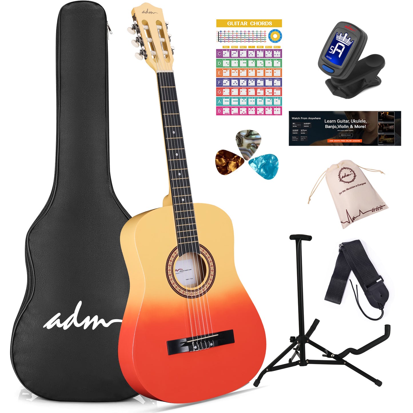 ADM Acoustic Guitar for Adults & Kids, 38" Travel Guitar Kit