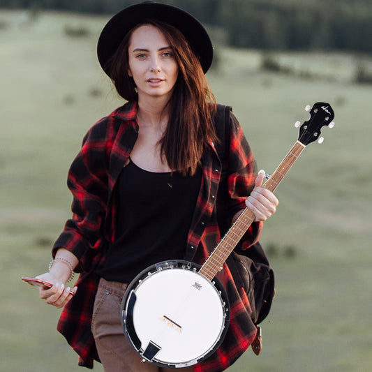 ADM 5 String Full Size Banjo Guitar Kit with Remo Drum Head and Geared 5th Tuner, 24 Bracket Beginner Banjoe Set Gift Package,Glossy Brown