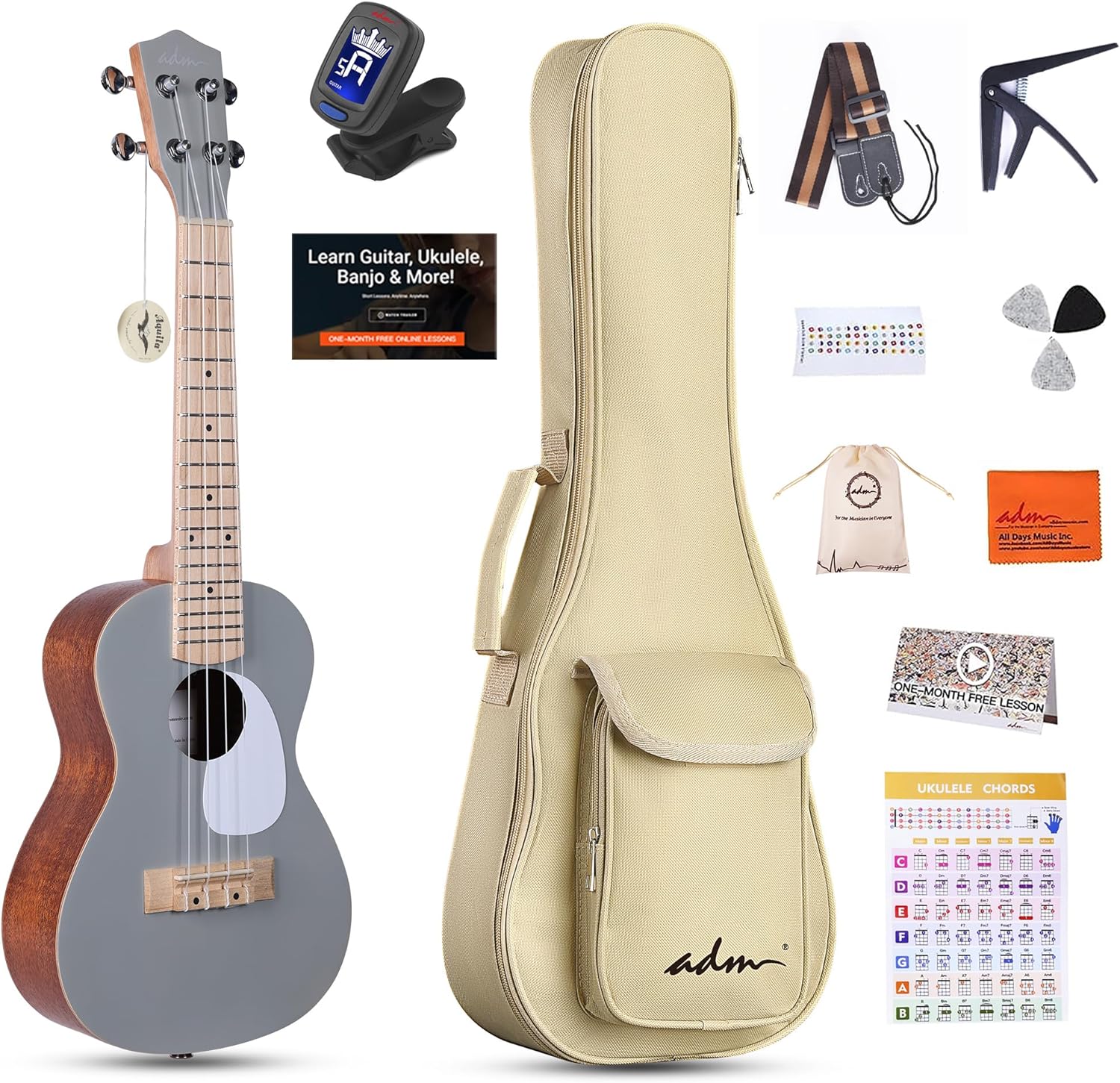 ADM 23 Inch Concert Ukulele for Beginners Hawaiian Mahogany Wood Ukelele Kit