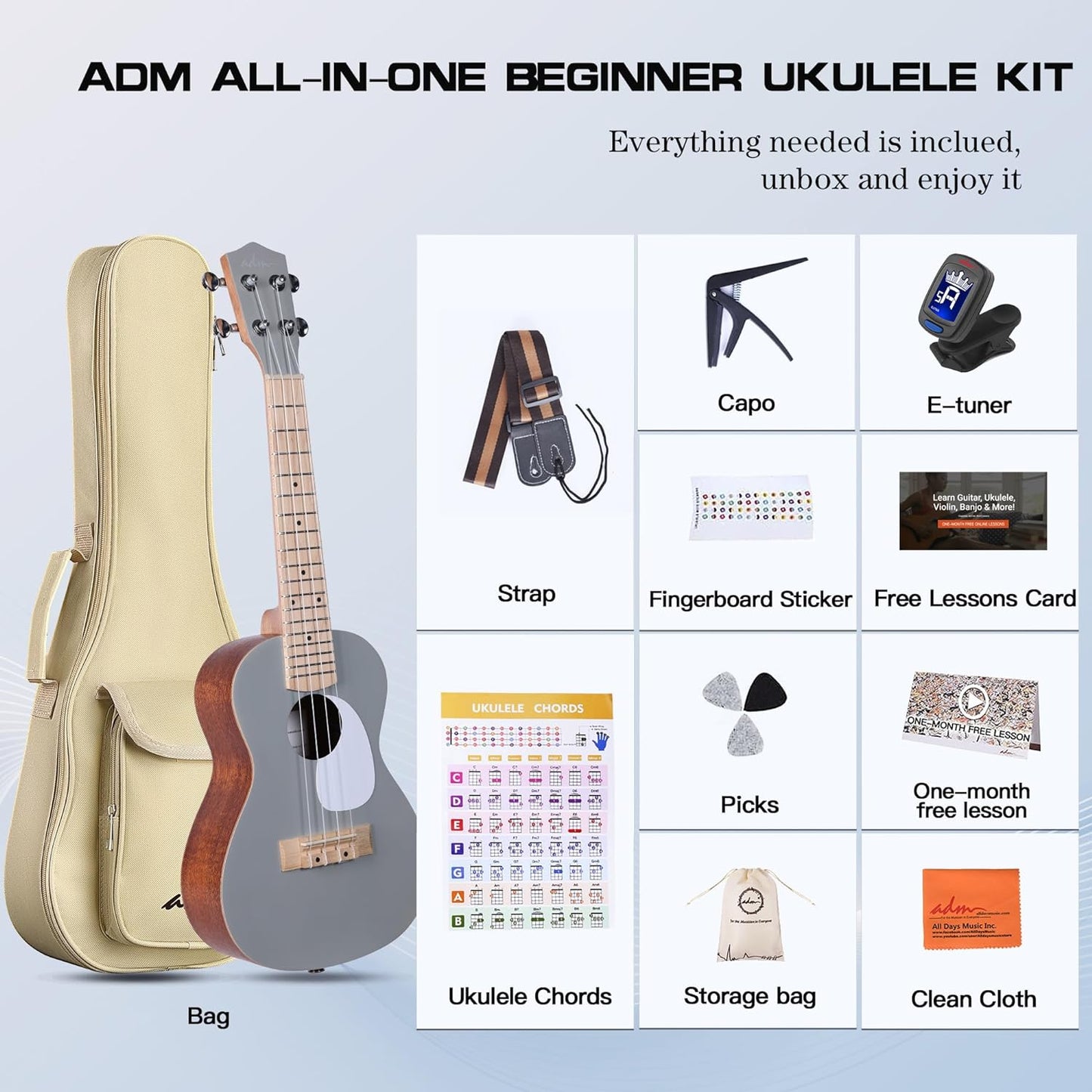 ADM 23 Inch Concert Ukulele for Beginners  Hawaiian Mahogany Wood Ukelele Kit