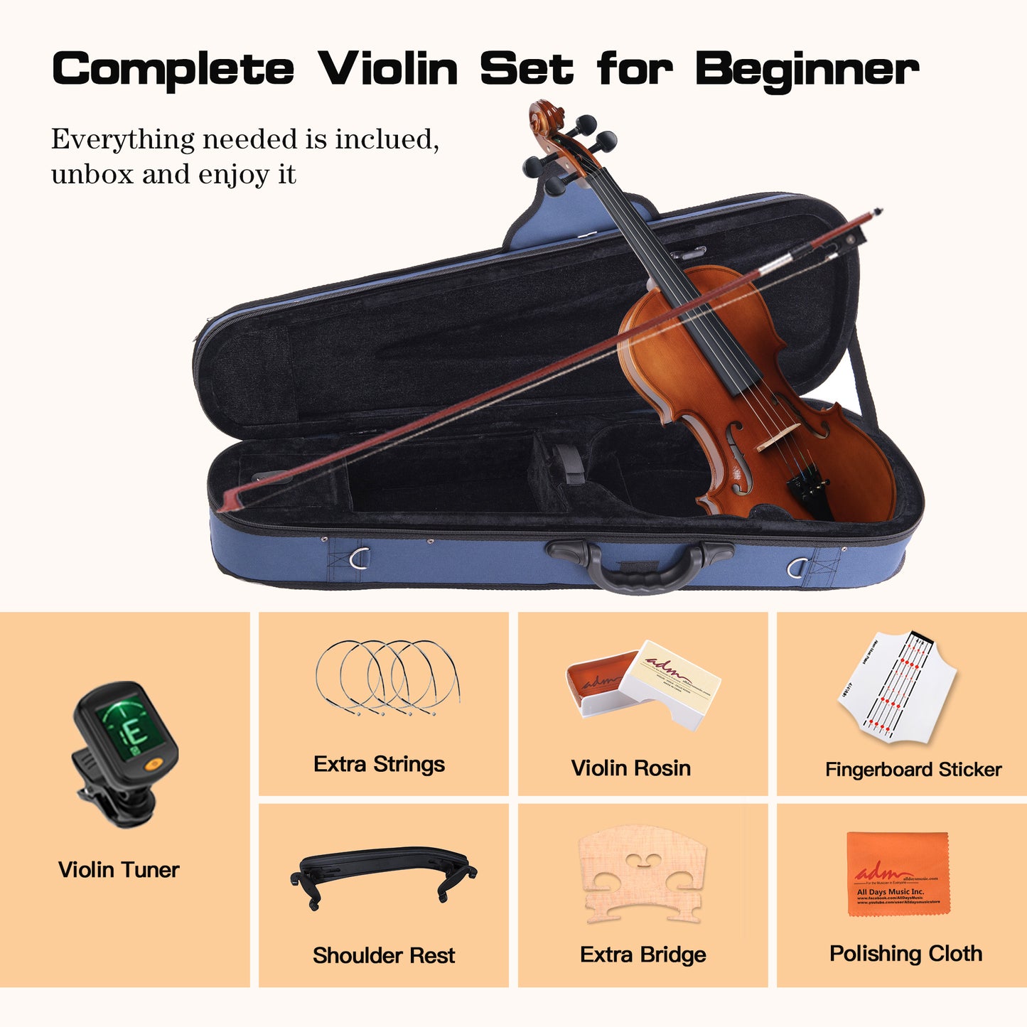 ADM Wood Violin Set for Kids Teens Students Adults Beginner Acoustic Violin Matte Fiddle Starter Kit with Hard Case, Rosin, Shoulder Rest, Bow, Clip-on Tuner and Fingerboard Sticker