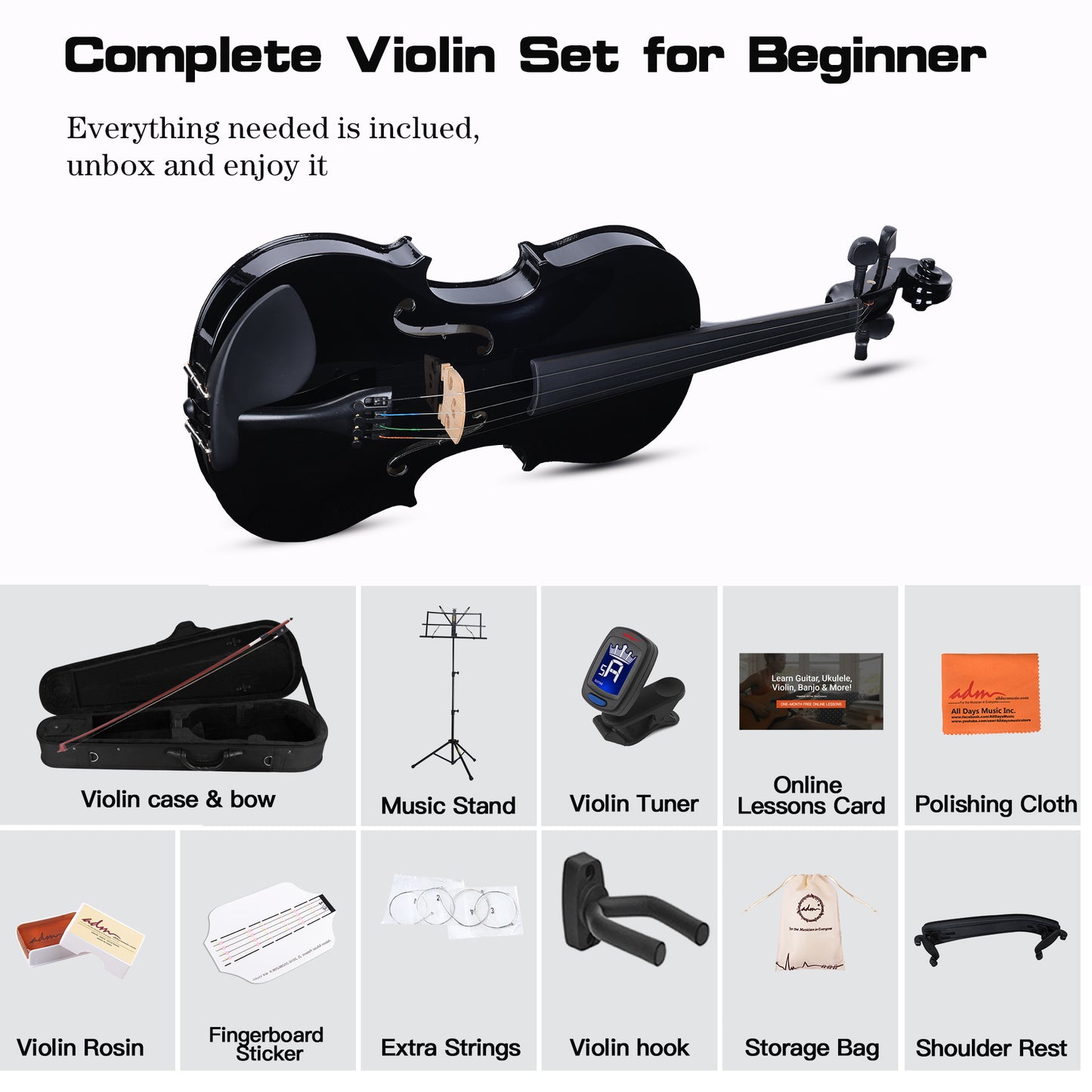 ADM Acoustic Violin for Kids Beginners,1/4 Size Acoustic Violin Fiddle for Teens Students Violin Starter Kit with Hard Case, Rosin, Shoulder Rest, Bow, Violin Music Stand and Strings,Black
