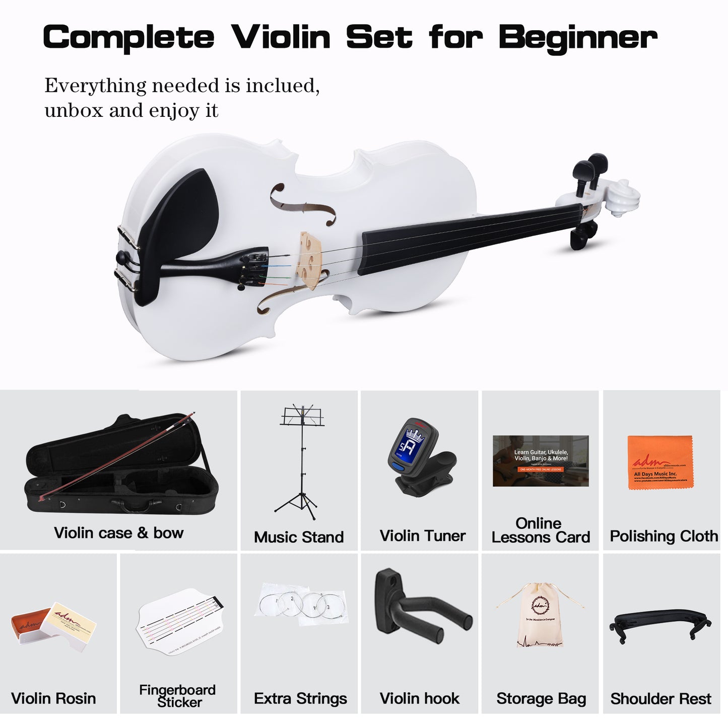 ADM Acoustic Violin for Kids Beginners, Acoustic Violin Fiddle for Teens Students Beginners Violin Starter Kit with Hard Case, Rosin, Shoulder Rest, Bow, Violin Music Stand Strings (White, 3/4 Size)