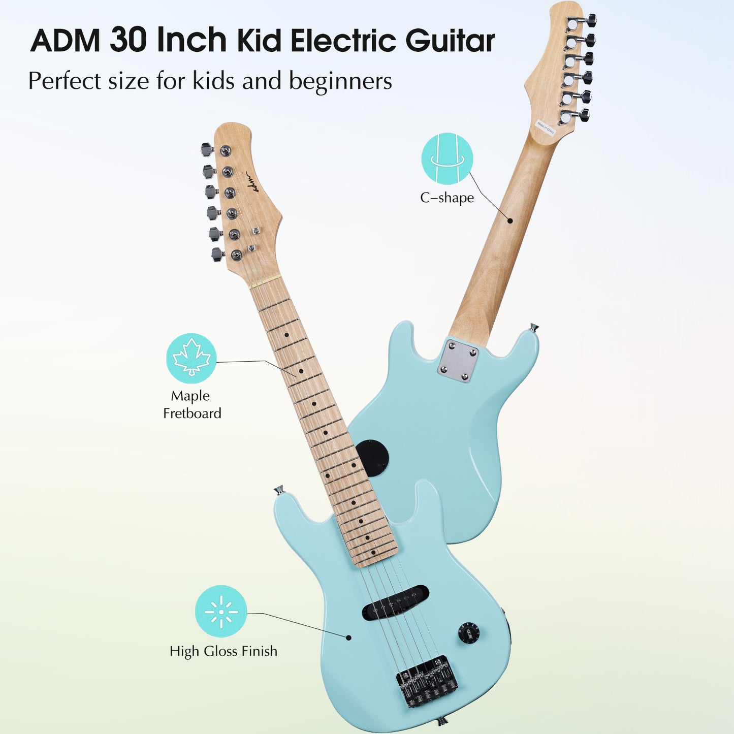 ADM 30-Inch Mini Electric Guitar Package, - Solid Wood, Glossy Finish, Complete With Gig Bag, Picks, Cable, Strap, Extra Strings And Stand