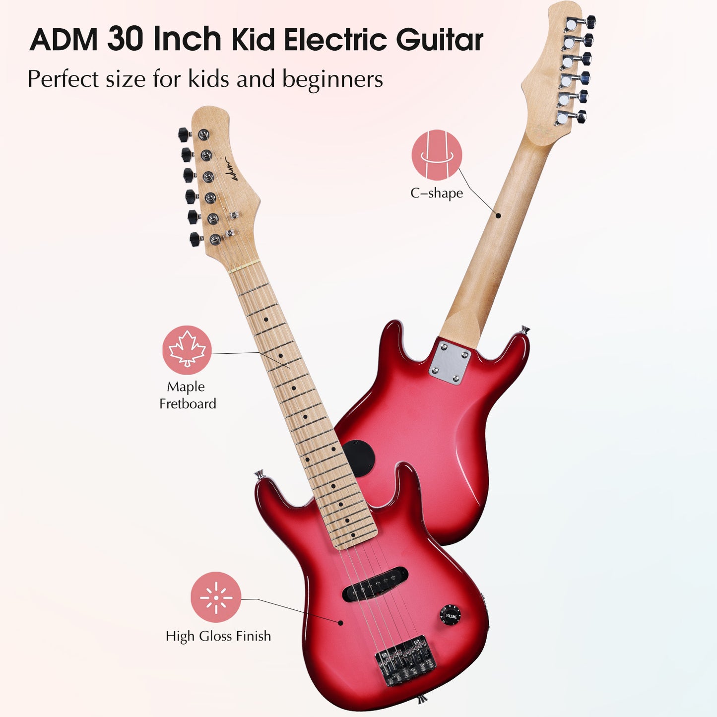 ADM 30inch Electric Guitar Package, for Children, Beginger, Students,Pinkbrust