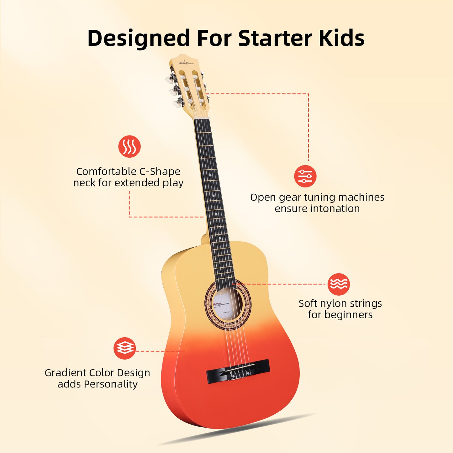 ADM Acoustic Guitar for Adults & Kids, 38" Travel Guitar Kit