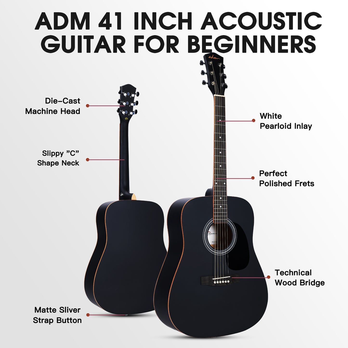 ADM Dreadnought Acoustic Guitar Kit with Free Lesson for Beginner Adult Teen Full Size Acustica Guitarra Starter Bundle Set w/Bag Strap Tuner Capo Pickguard Music Stand Right Hand(Black 1, 41 Inch)