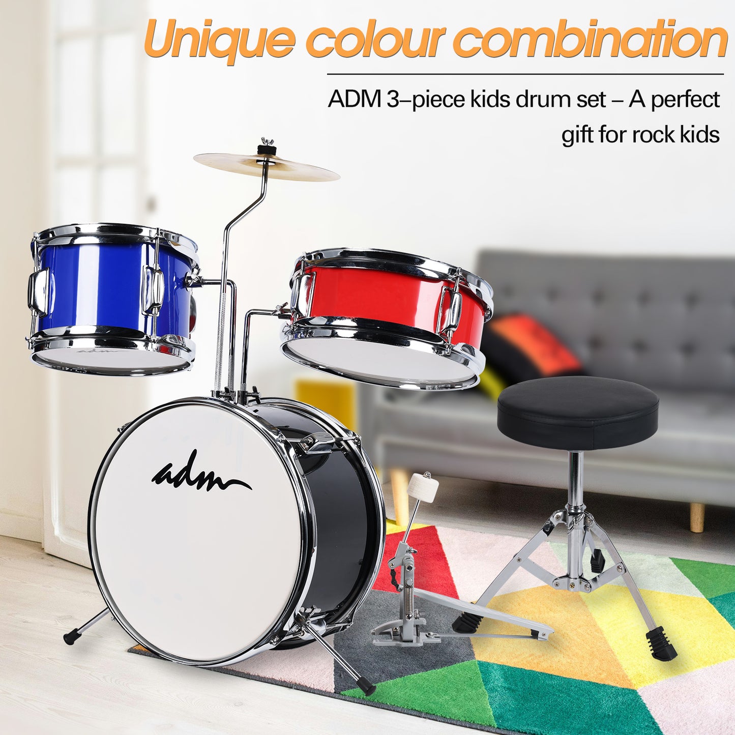 ADM 3-Piece Junior Drum Set for Kids Beginners, Kids Drum Kit with Full set of silent mats, Adjustable Throne, Cymbal, Pedal & Drumsticks - Red, Blue, Black