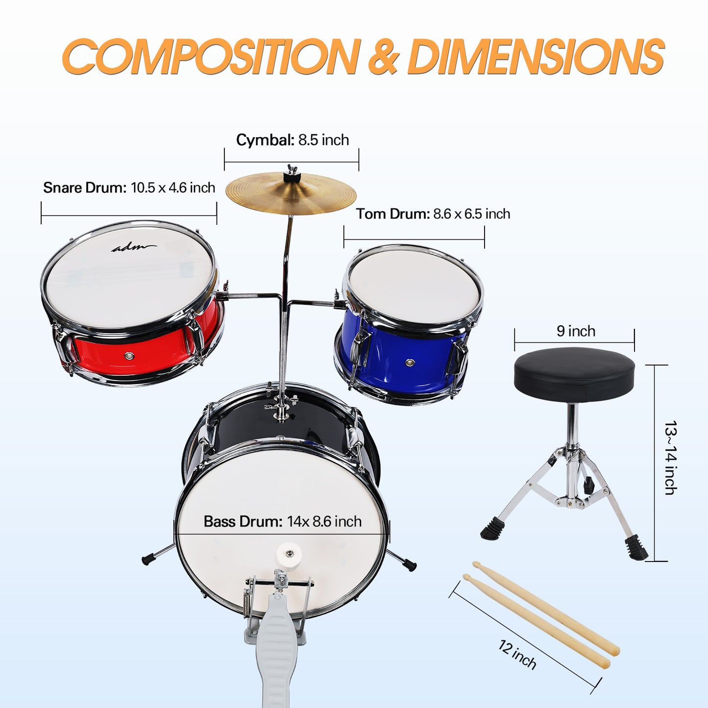 ADM 3-Piece Junior Drum Set for Kids Beginners, Kids Drum Kit with Full set of silent mats, Adjustable Throne, Cymbal, Pedal & Drumsticks - Red, Blue, Black