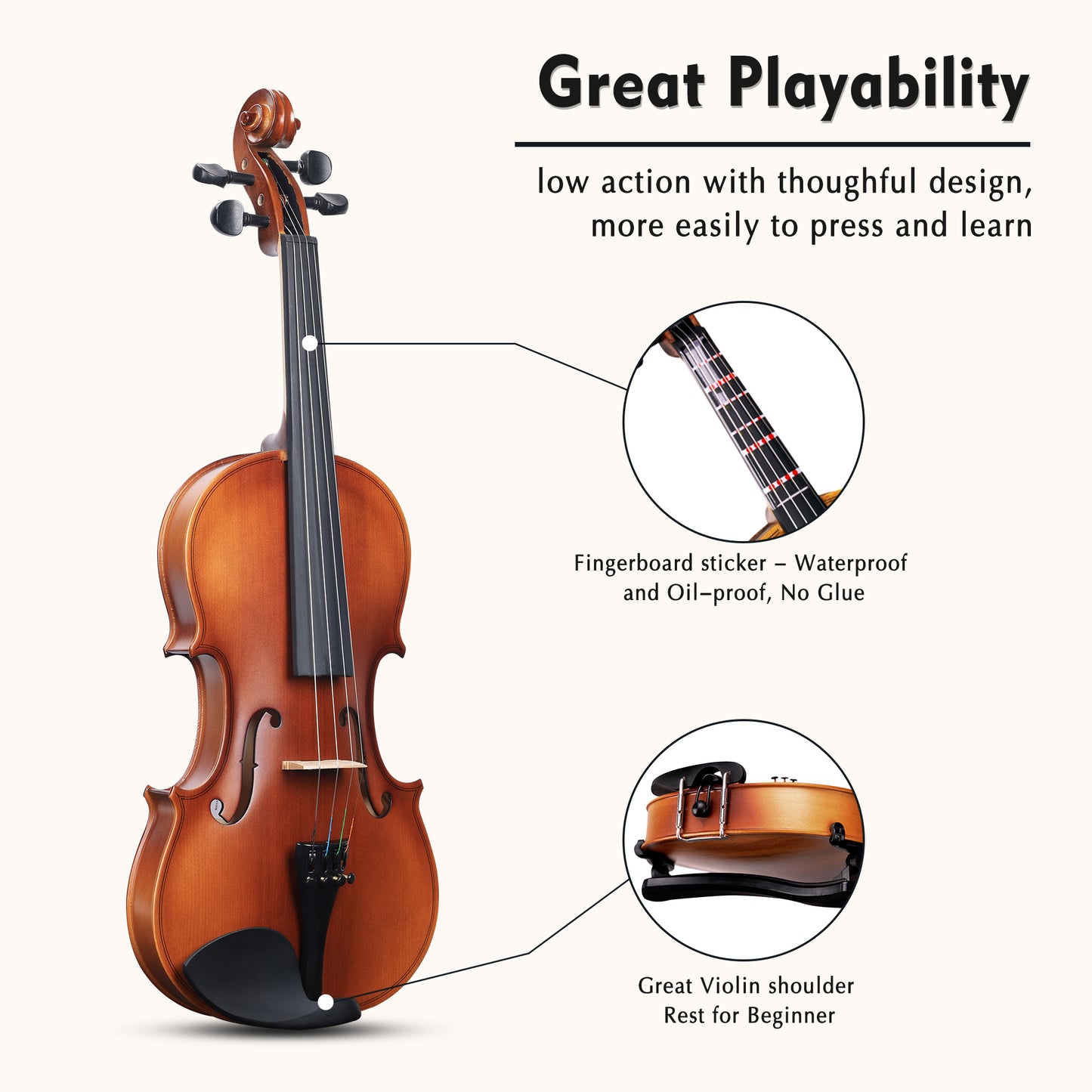 ADM Wood Violin Set for Kids Teens Students Adults Beginner Acoustic Violin Matte Fiddle Starter Kit with Hard Case, Rosin, Shoulder Rest, Bow, Clip-on Tuner and Fingerboard Sticker