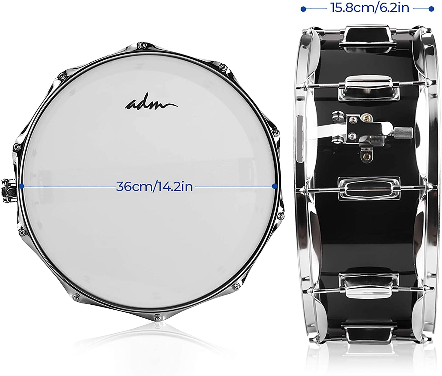 ADM 14"X 5.5", 0-String Kids Snare Beginner Kit with Stand, Mute Pad, Strap, Sticks, Drum Keys, Black