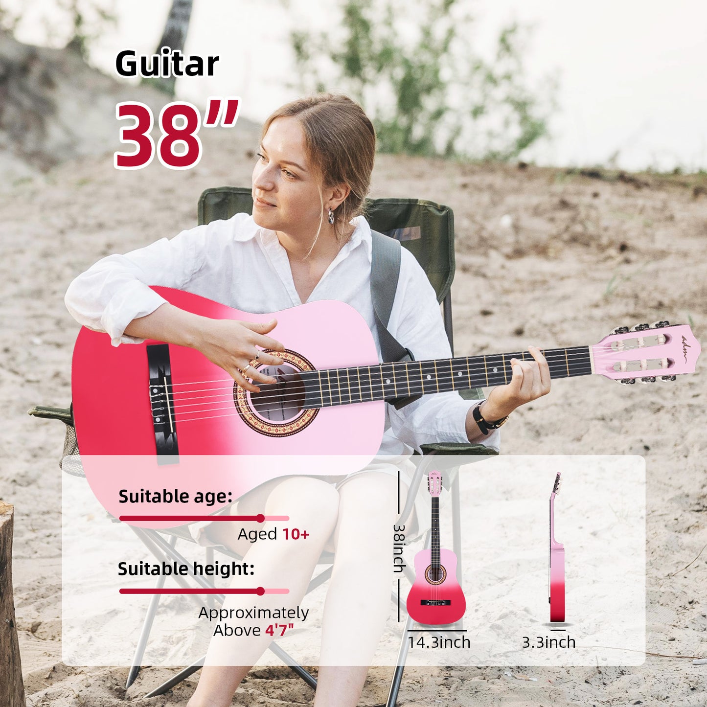 ADM Acoustic Guitar for Adults & Kids, 38" Travel Guitar Kit