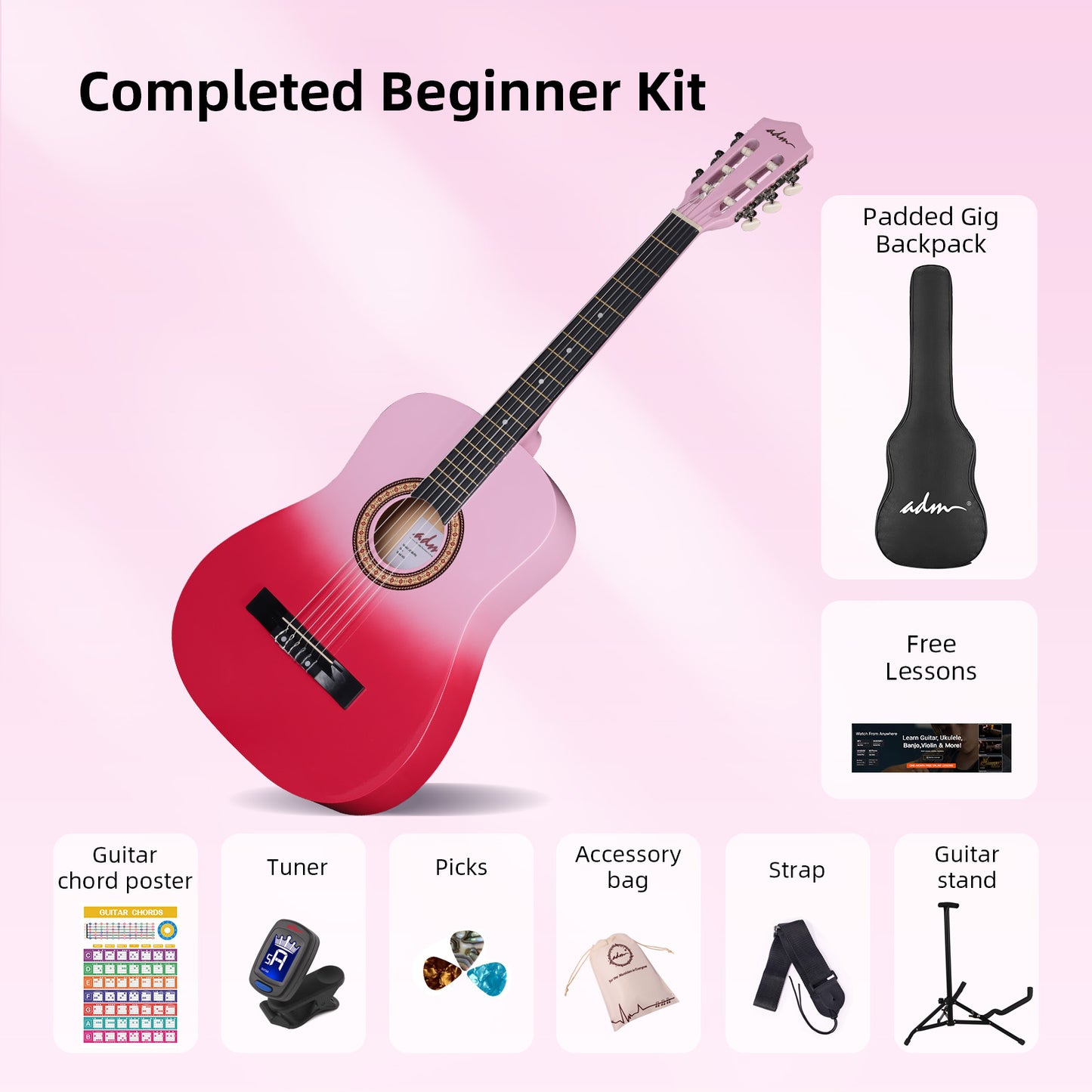 ADM Acoustic Guitar for Adults & Kids, 38" Travel Guitar Kit