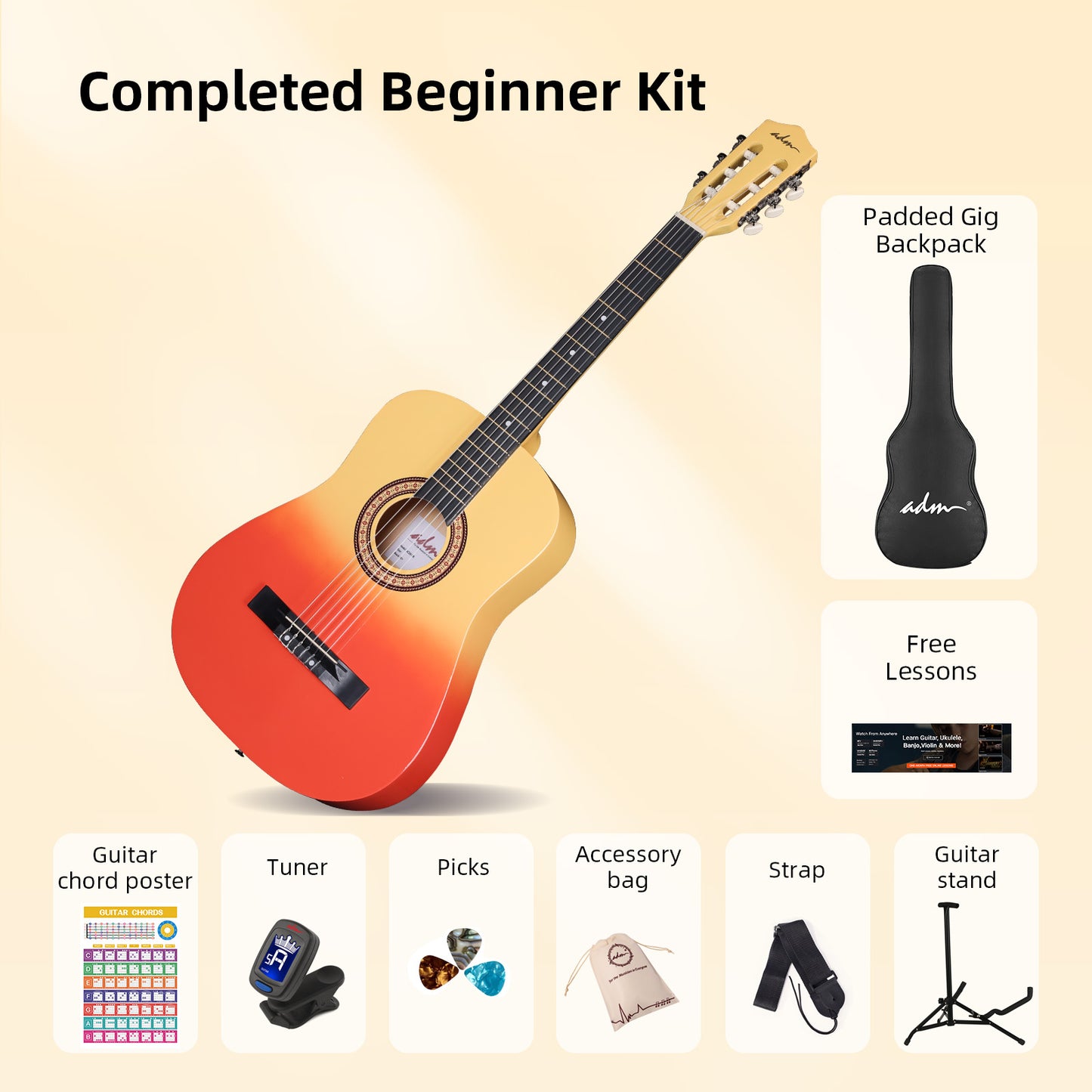 ADM Acoustic Guitar for Adults & Kids, 38" Travel Guitar Kit