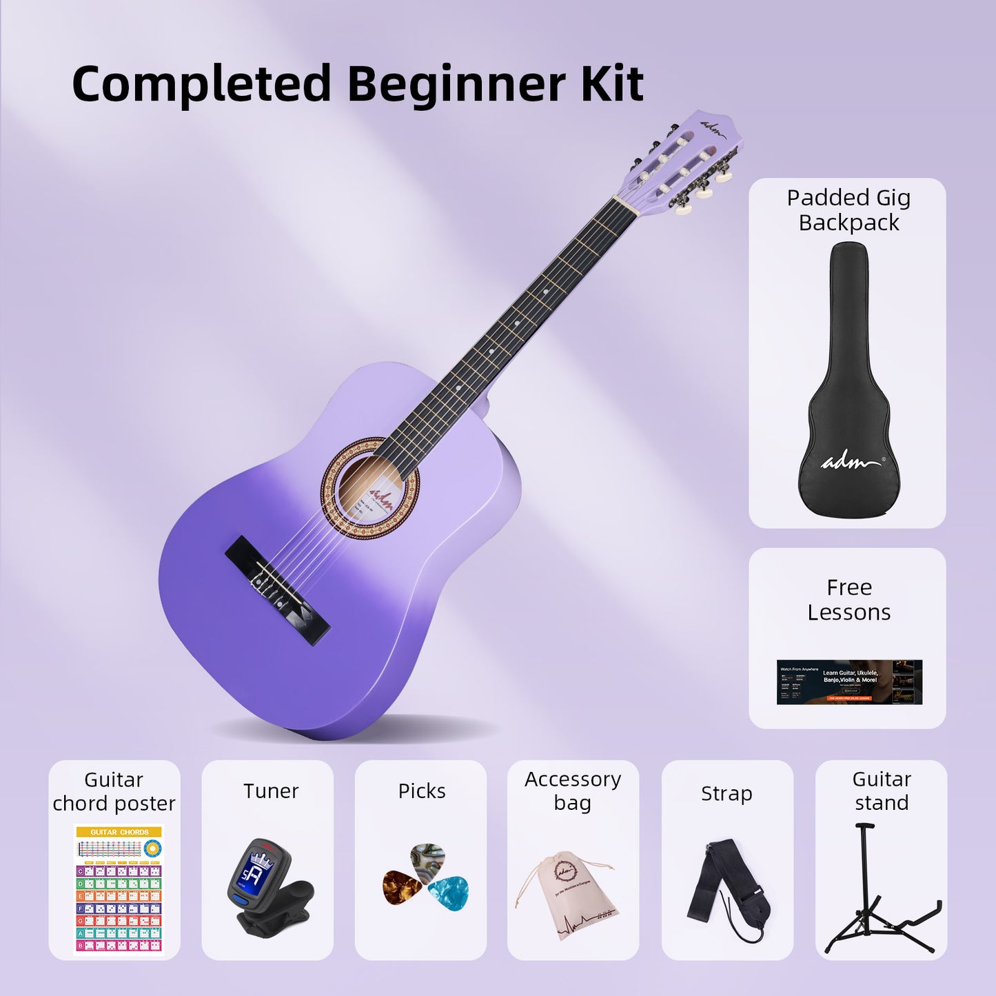 ADM Acoustic Guitar for Adults & Kids, 38" Travel Guitar Kit