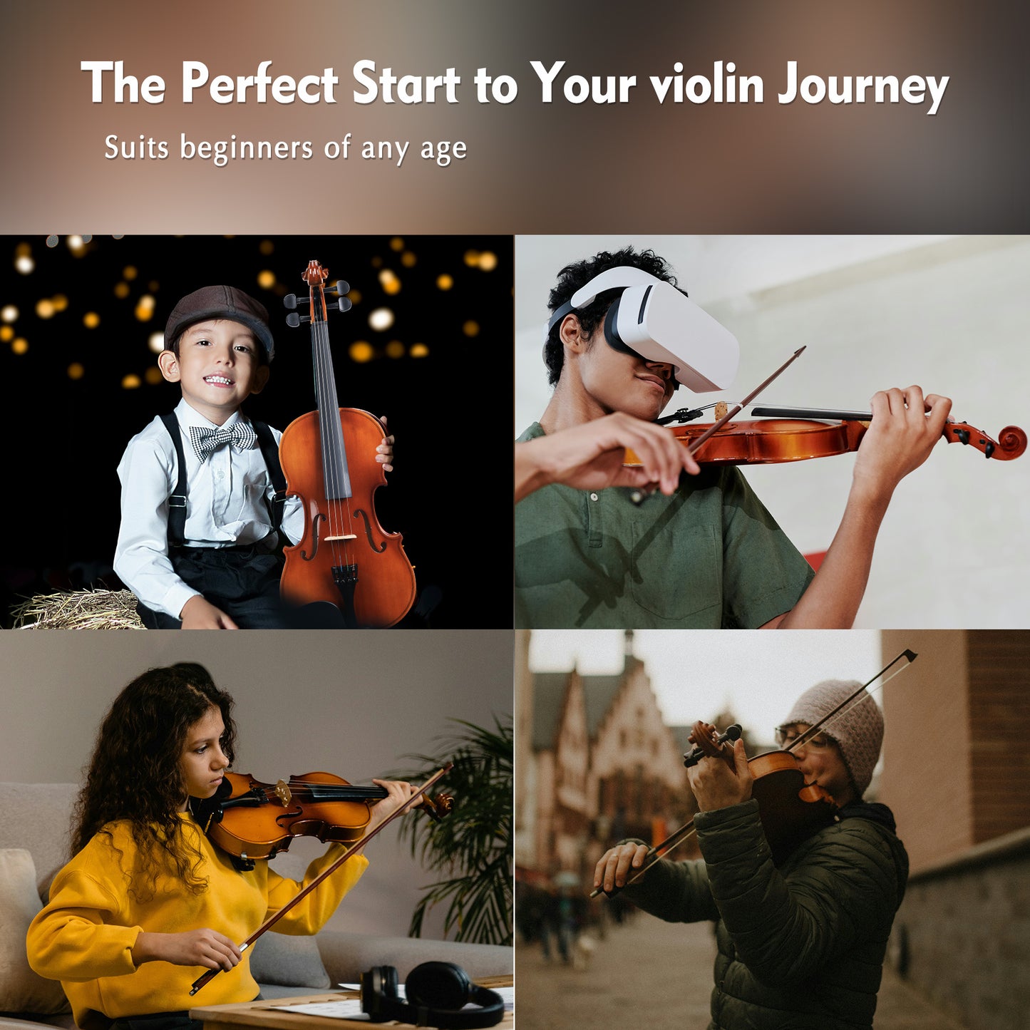 ADM Wood Violin Set for Kids Teens Students Adults Beginner Acoustic Violin Matte Fiddle Starter Kit with Hard Case, Rosin, Shoulder Rest, Bow, Clip-on Tuner and Fingerboard Sticker
