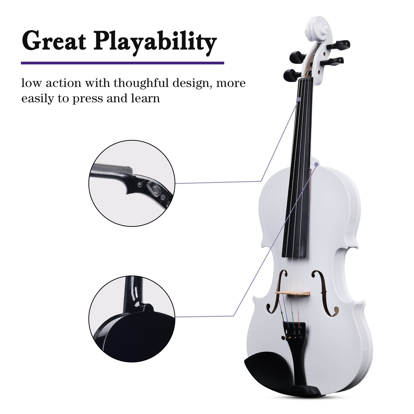 ADM Acoustic Violin for Kids Beginners, Acoustic Violin Fiddle for Teens Students Beginners Violin Starter Kit with Hard Case, Rosin, Shoulder Rest, Bow, Violin Music Stand Strings (White, 3/4 Size)