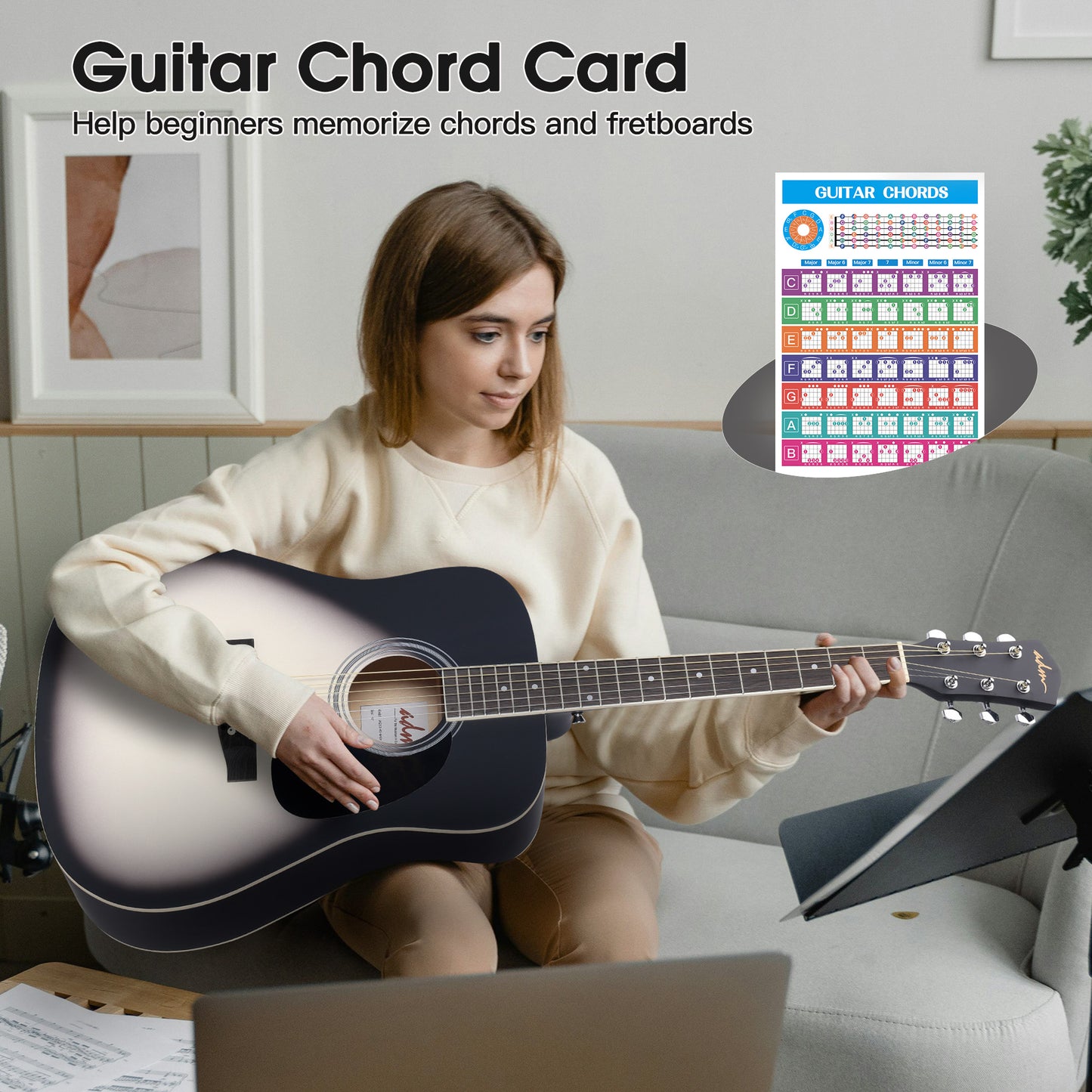 ADM Dreadnought Acoustic Guitar Kit with Free Lesson for Beginner Adult Teen Full Size Acustica Guitarra Starter Bundle Set with Bag Strap Tuner Capo Pickguard Music Stand, Right Hand(Grey, 41 Inch)