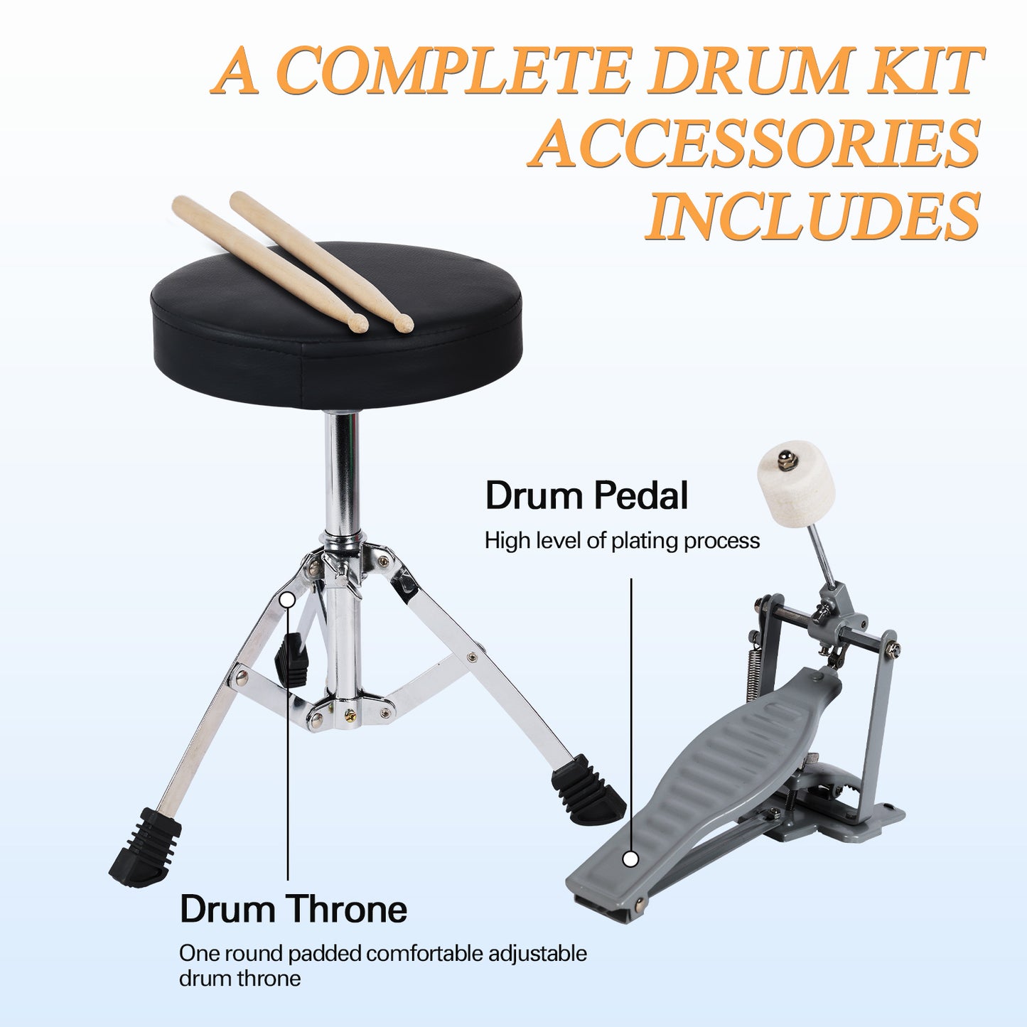 ADM 3-Piece Junior Drum Set for Kids Beginners, Kids Drum Kit with Full set of silent mats, Adjustable Throne, Cymbal, Pedal & Drumsticks - Red, Blue, Black