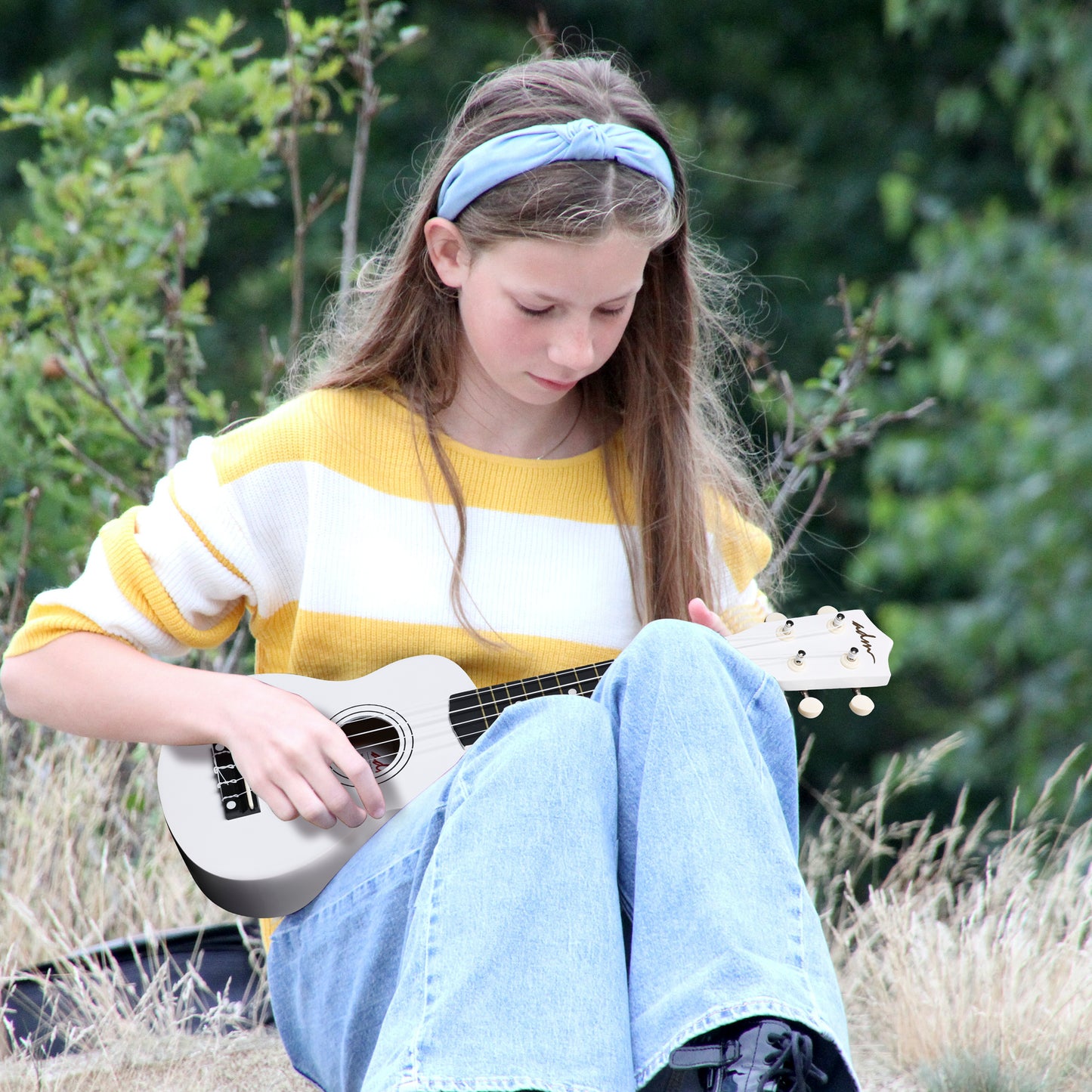 ADM Ukulele for Beginners Hawaiian Wood Ukelele Kit for Kids Adult Student Starter Professional Ukalelee Pack Bundle with Free Lessons Gig Bag Strap Nylon String Tuner (White, 21 Inch)