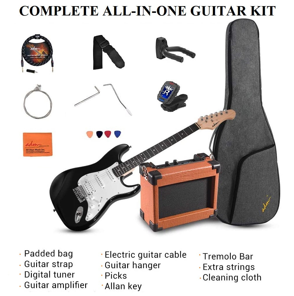 ADM Electric Guitar Beginner Kit 39 Inch Full Size Guitar Package,Glossy Black
