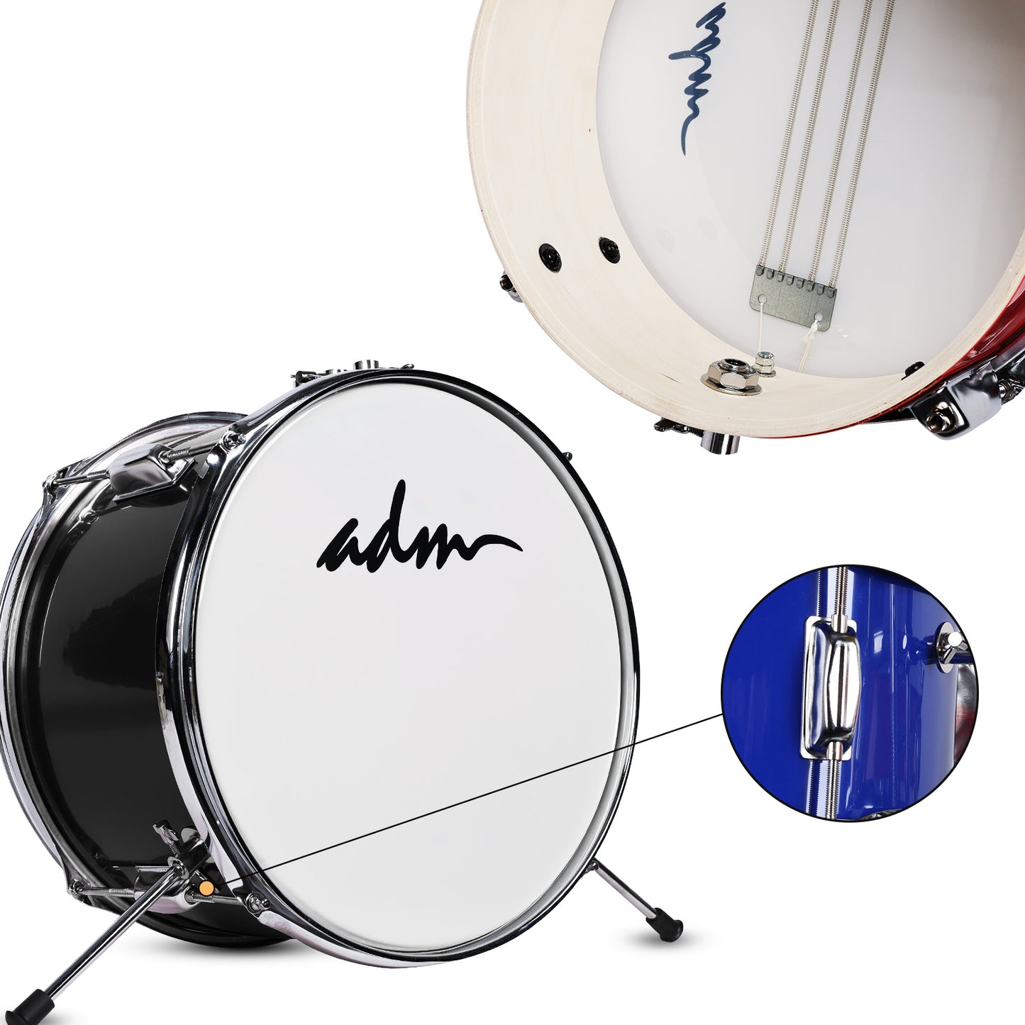 ADM 3-Piece Junior Drum Set for Kids Beginners, Kids Drum Kit with Full set of silent mats, Adjustable Throne, Cymbal, Pedal & Drumsticks - Red, Blue, Black