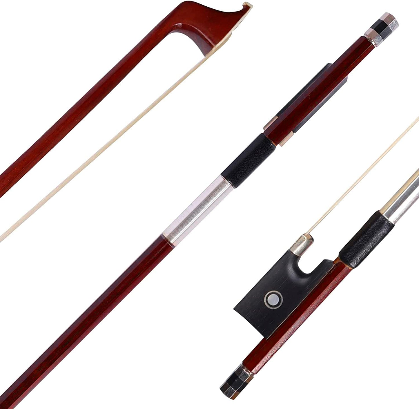 ADM Student Violin Bow, Well Balanced Handmade Brazilwood Bow with Horsehair, Ebony Frog with Pearl Eye and Pearl Slide, Brown