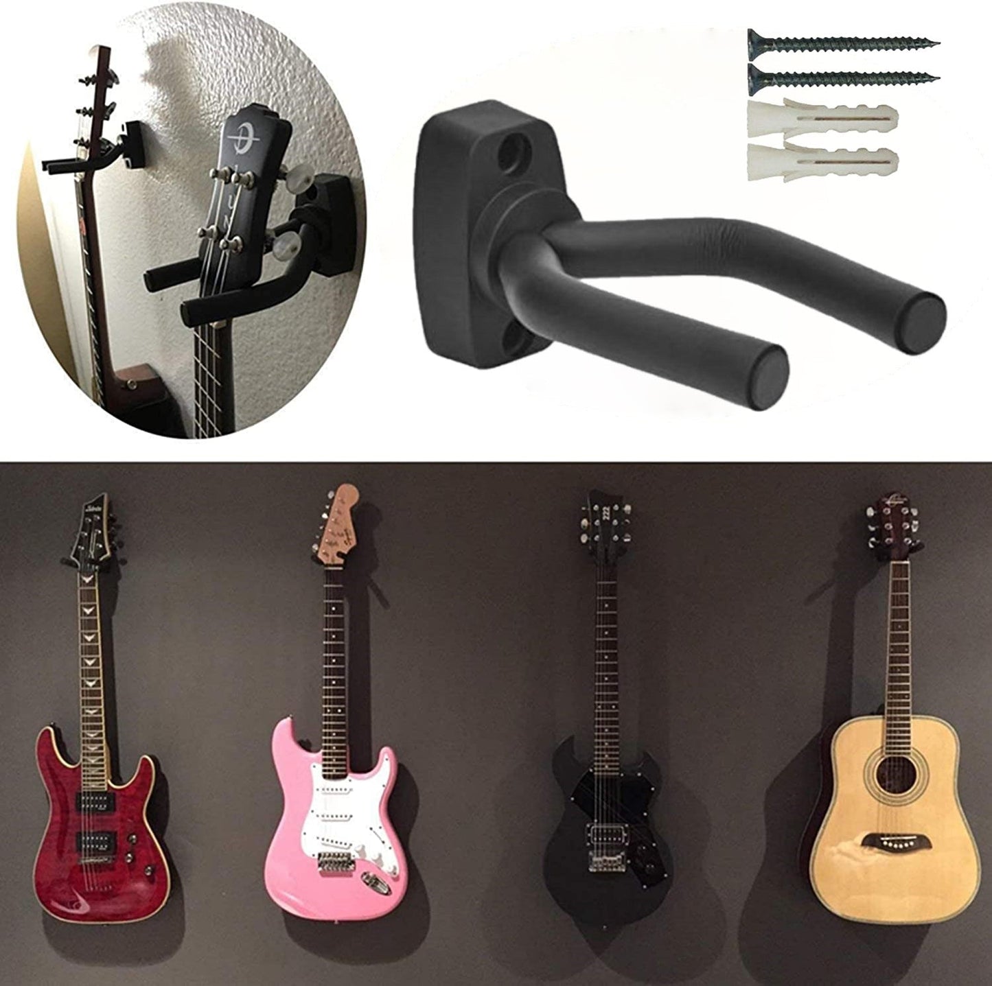 【6 packs】Guitar Hanger Wall Hook Holder Stand - Easy To Install - Fits All Size Guitars, Bass, Mandolin, Banjo, Ukulele