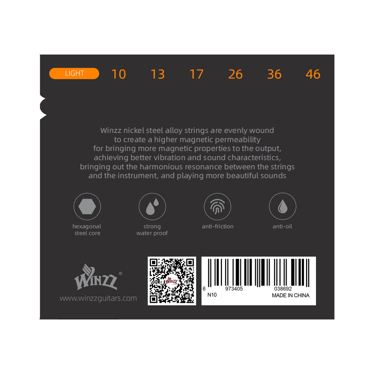 WINZZ High Carbon Hex Core Nickel Wound Electric Guitar Strings with Anti-Rust Coating