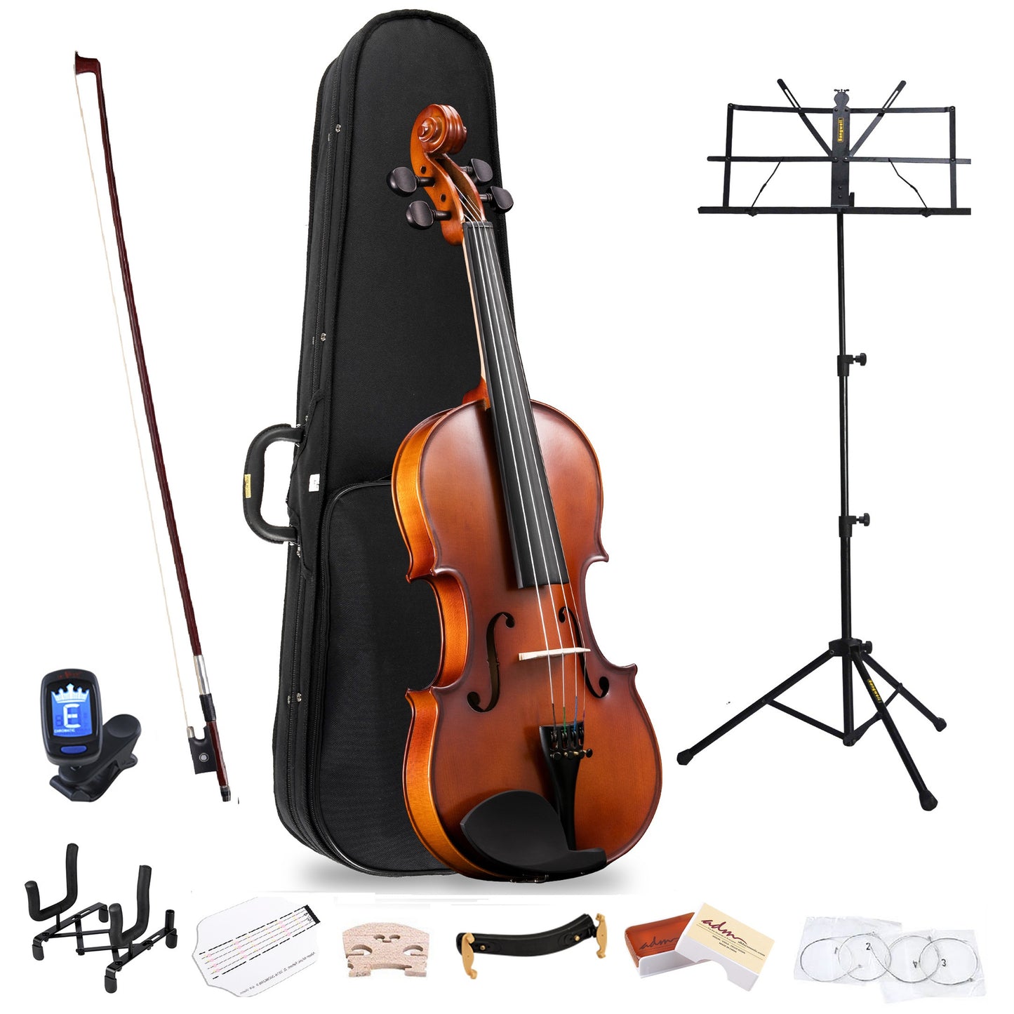 ADM TBS-V2 4/4 Full Size Solid Wood Violin Set For Beginners And Advanced Players - Complete Violin Outfit With Case, Bow, Music Sheet Stand, Table Stand, Extra Strings, Digital Tuner, Shoulder Rest, Rosin, Fingerboard Sticker, And Free Lessons