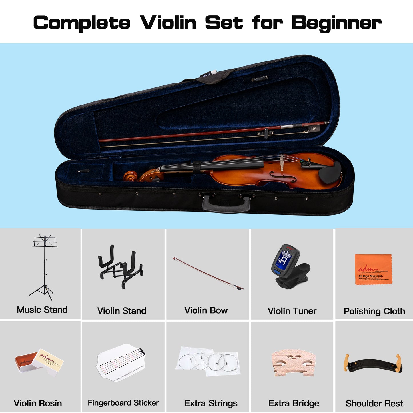 ADM TBS-V2 4/4 Full Size Solid Wood Violin Set For Beginners And Advanced Players - Complete Violin Outfit With Case, Bow, Music Sheet Stand, Table Stand, Extra Strings, Digital Tuner, Shoulder Rest, Rosin, Fingerboard Sticker, And Free Lessons