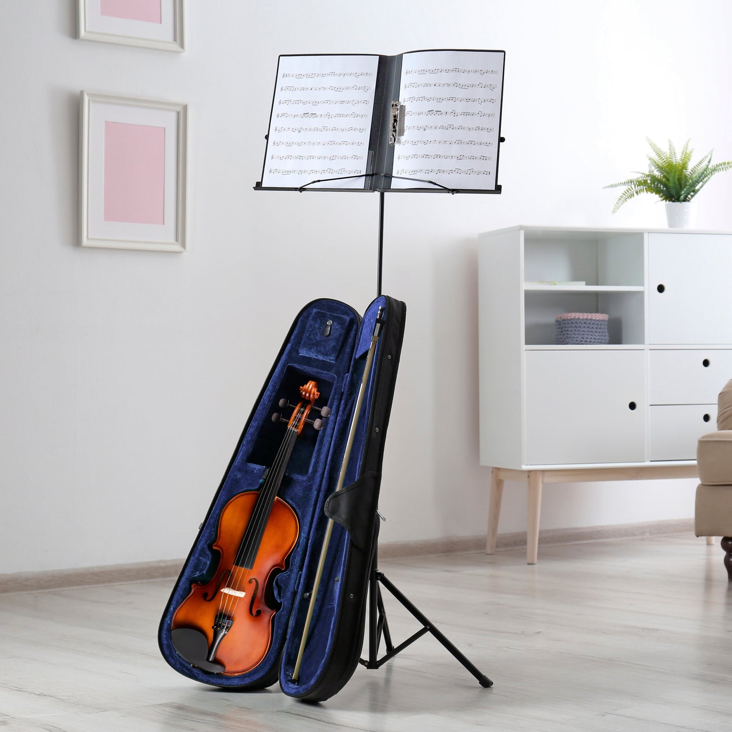 ADM TBS-V2 4/4 Full Size Solid Wood Violin Set For Beginners And Advanced Players - Complete Violin Outfit With Case, Bow, Music Sheet Stand, Table Stand, Extra Strings, Digital Tuner, Shoulder Rest, Rosin, Fingerboard Sticker, And Free Lessons