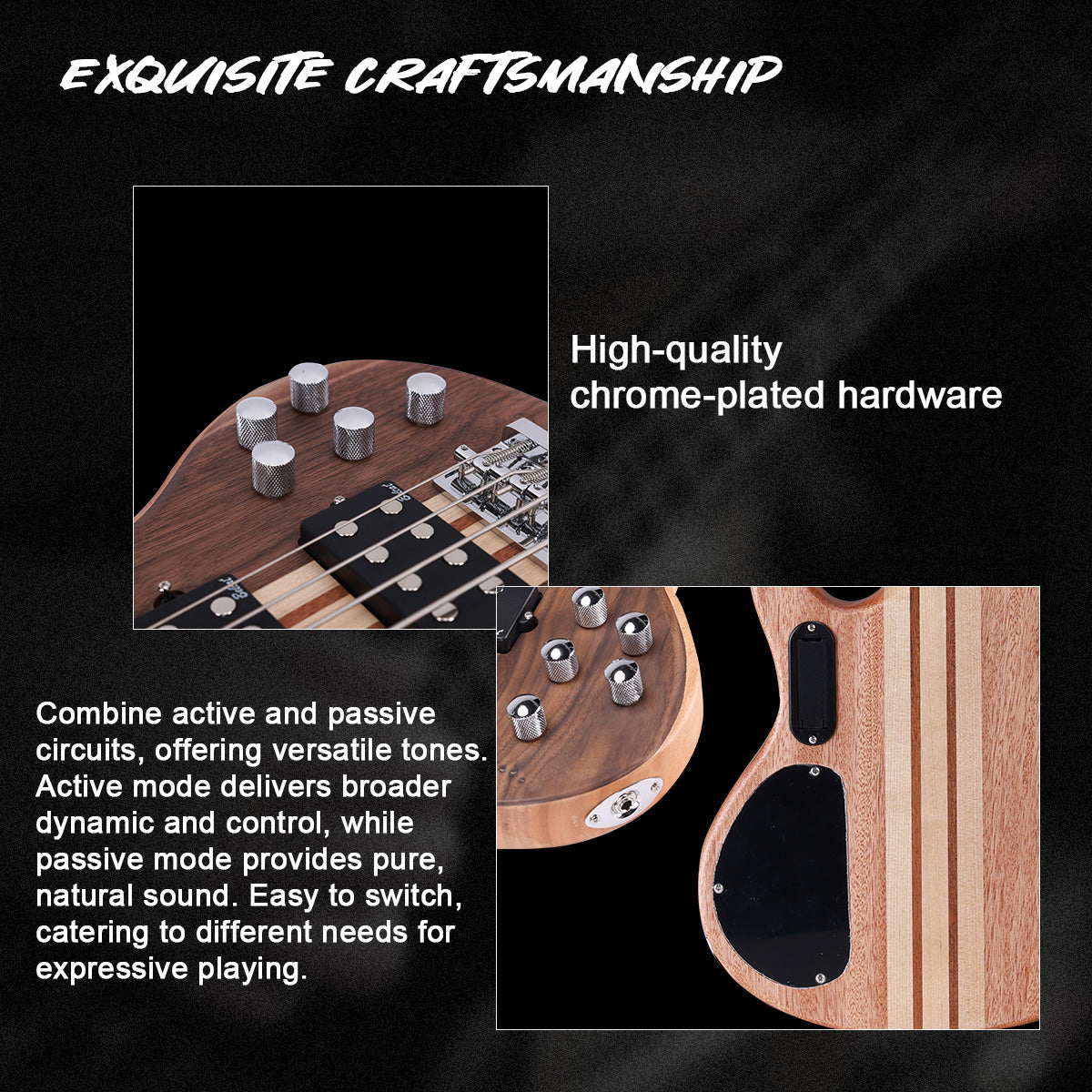 Winzz 4-String Through-Body Bass Guitar โ Okoume Body with Walnut Top, Dual Humbuckers, 24 Frets