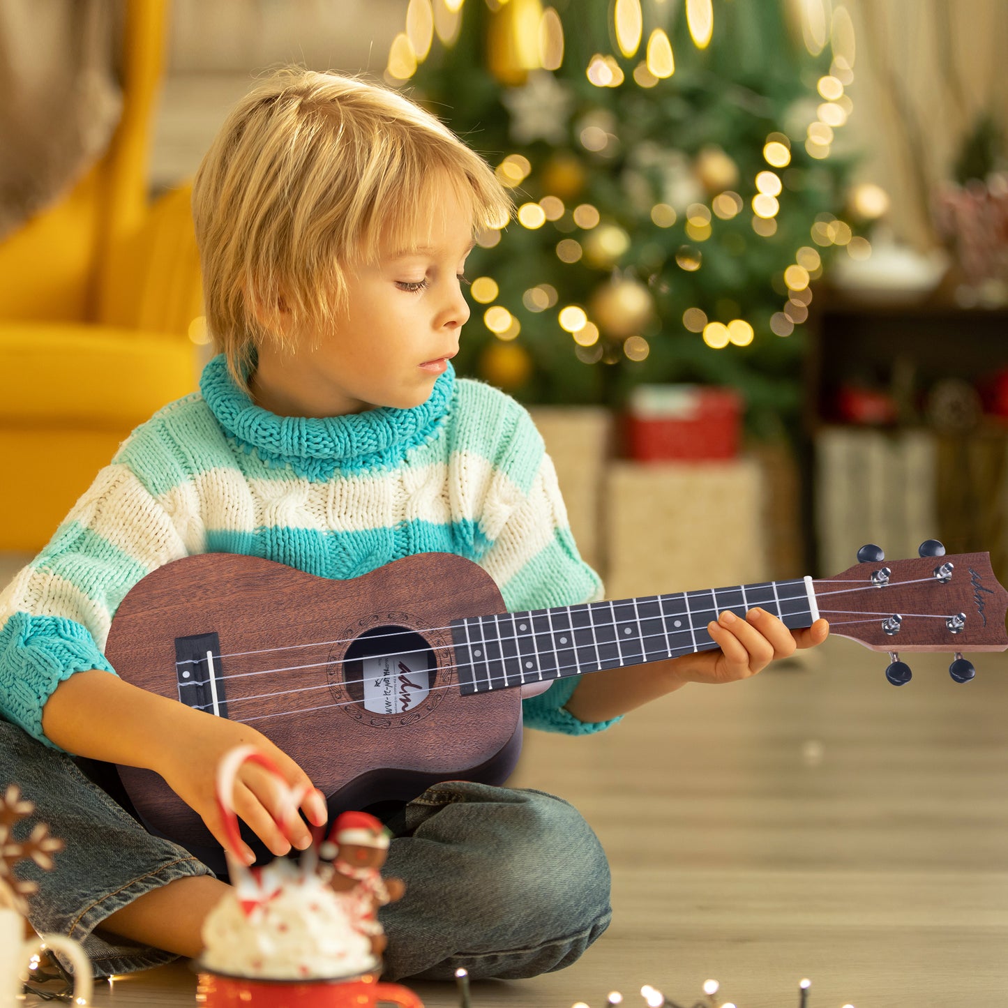 ADM Concert Ukulele Beginner Kit Mahogany Hawaiian Wood Ukelele Bundle Ukalalee Set with Uke Free Starter Lessons for kids Students and Adults, Yellow Brown