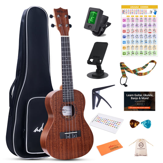 ADM Concert Ukulele Beginner Kit Mahogany Hawaiian Wood Ukelele Bundle Ukalalee Set with Uke Free Starter Lessons for kids Students and Adults, Yellow Brown